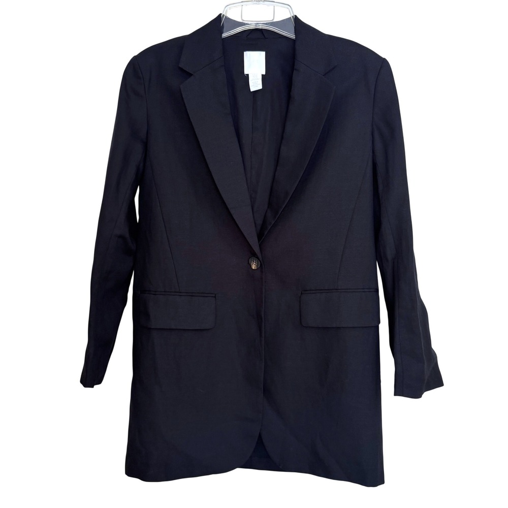 H&M Blazer Jacket Women XS Black Viscose Linen Single Button Chic Minimalist